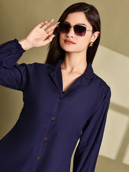 women solid lapel neck puff sleeve long shirt - 22072053 -  Standard Image - 0