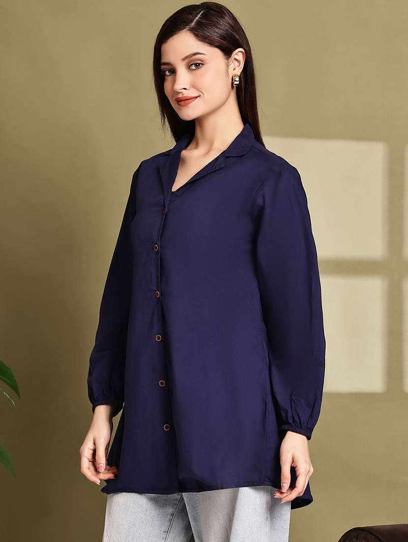 women solid lapel neck puff sleeve long shirt - 22072053 - Standard Image - 3