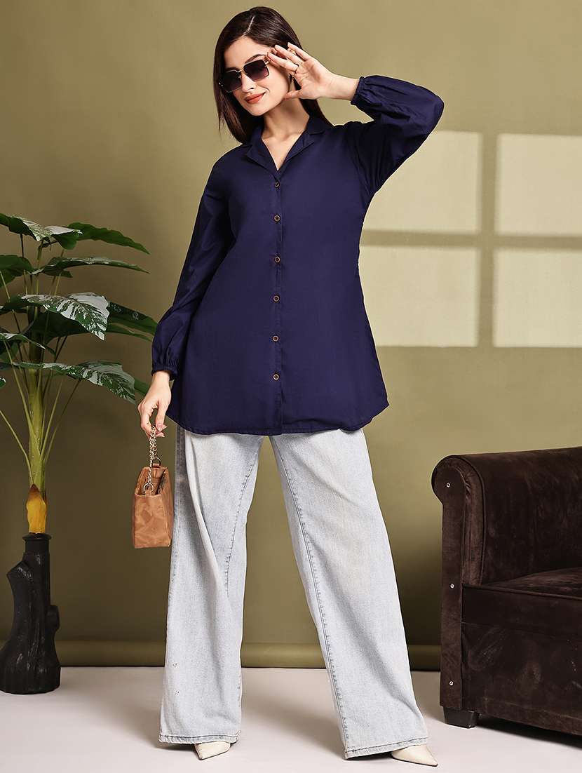women solid lapel neck puff sleeve long shirt - 22072053 - Standard Image - 5