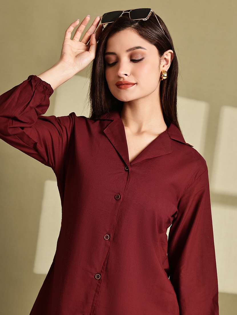 women solid lapel neck puff sleeve long shirt - 22072054 - Zoom Image - 0
