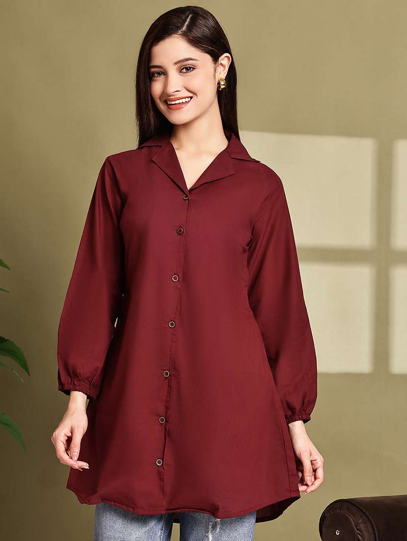 women solid lapel neck puff sleeve long shirt - 22072054 - Standard Image - 3