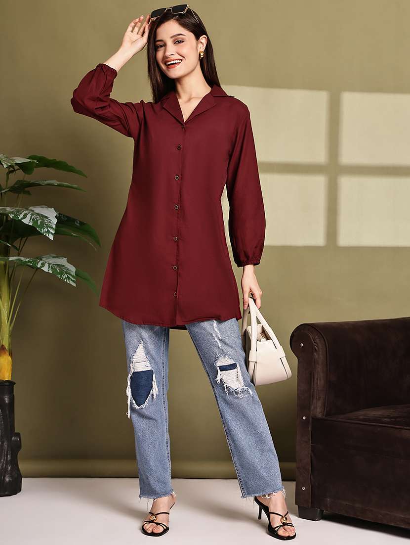 women solid lapel neck puff sleeve long shirt - 22072054 - Standard Image - 5