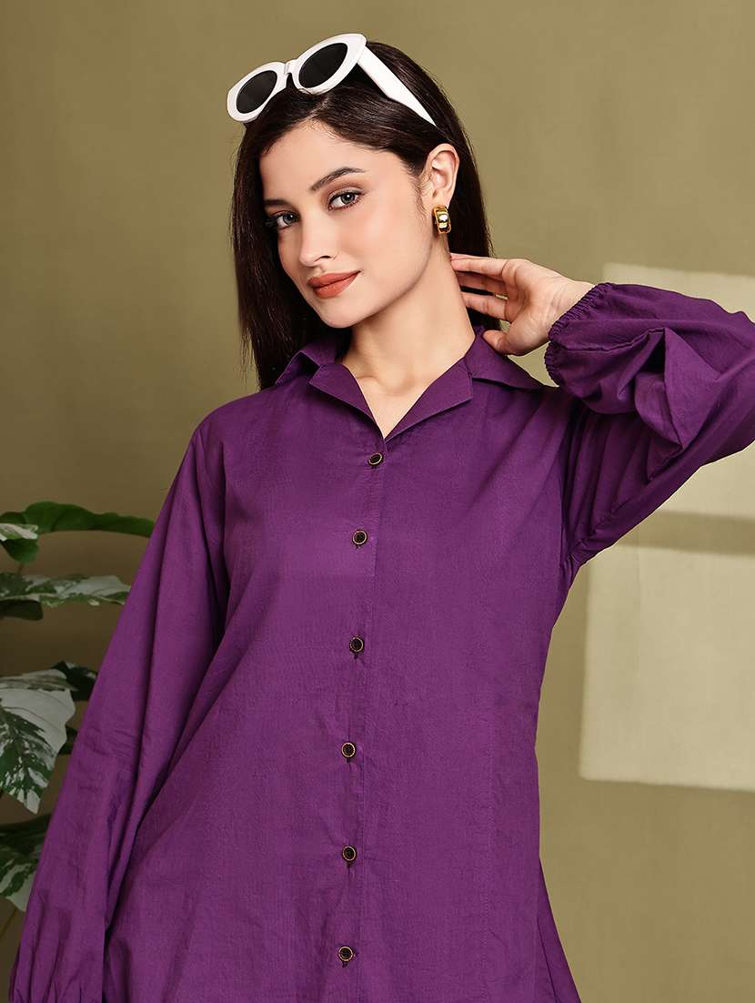 women solid lapel neck puff sleeve long shirt - 22072055 - Zoom Image - 0