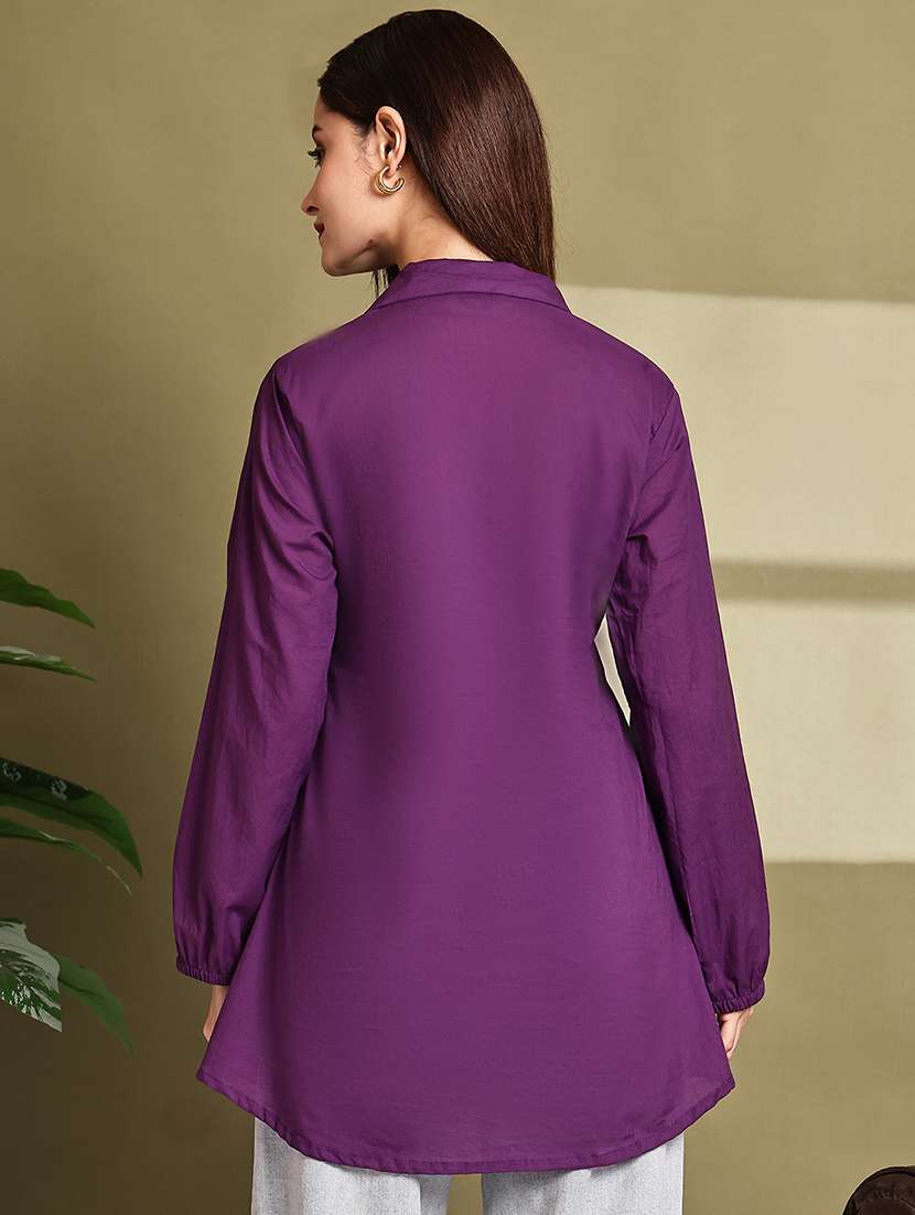 women solid lapel neck puff sleeve long shirt - 22072055 - Standard Image - 3