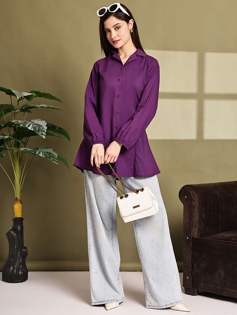 women solid lapel neck puff sleeve long shirt - 22072055 - Standard Image - 5