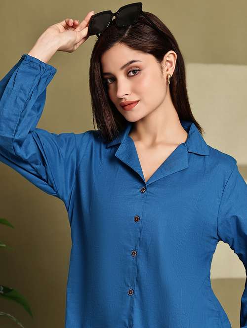 women solid lapel neck puff sleeve long shirt - 22072056 - Standard Image - 0