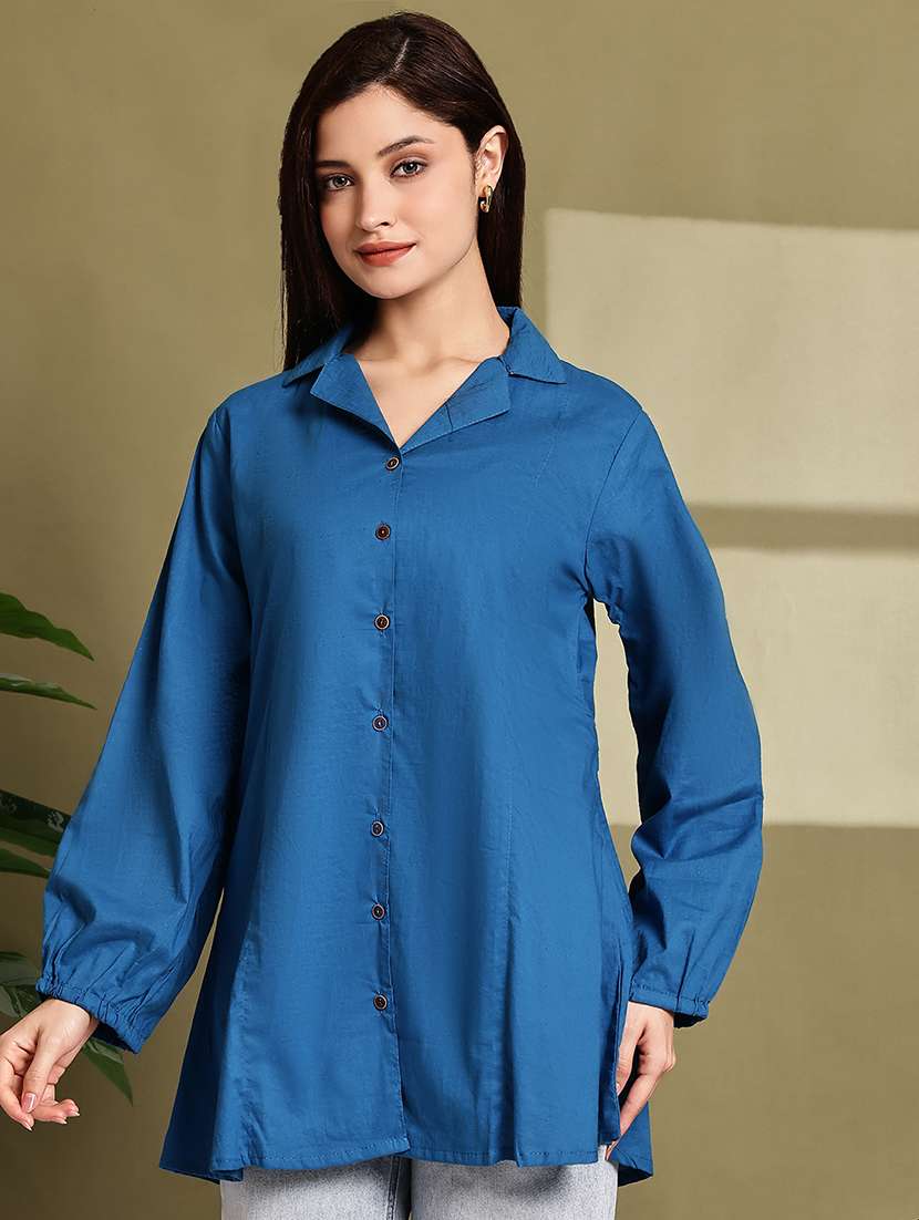 women solid lapel neck puff sleeve long shirt - 22072056 - Standard Image - 3