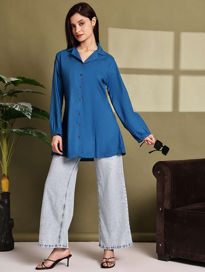 women solid lapel neck puff sleeve long shirt - 22072056 - Standard Image - 5