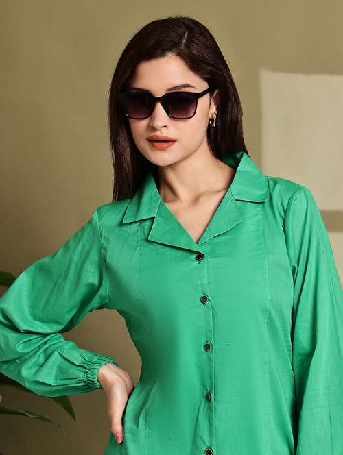 women solid lapel neck puff sleeve long shirt - 22072057 - Standard Image - 0
