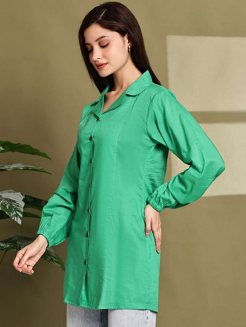 women solid lapel neck puff sleeve long shirt - 22072057 - Standard Image - 3