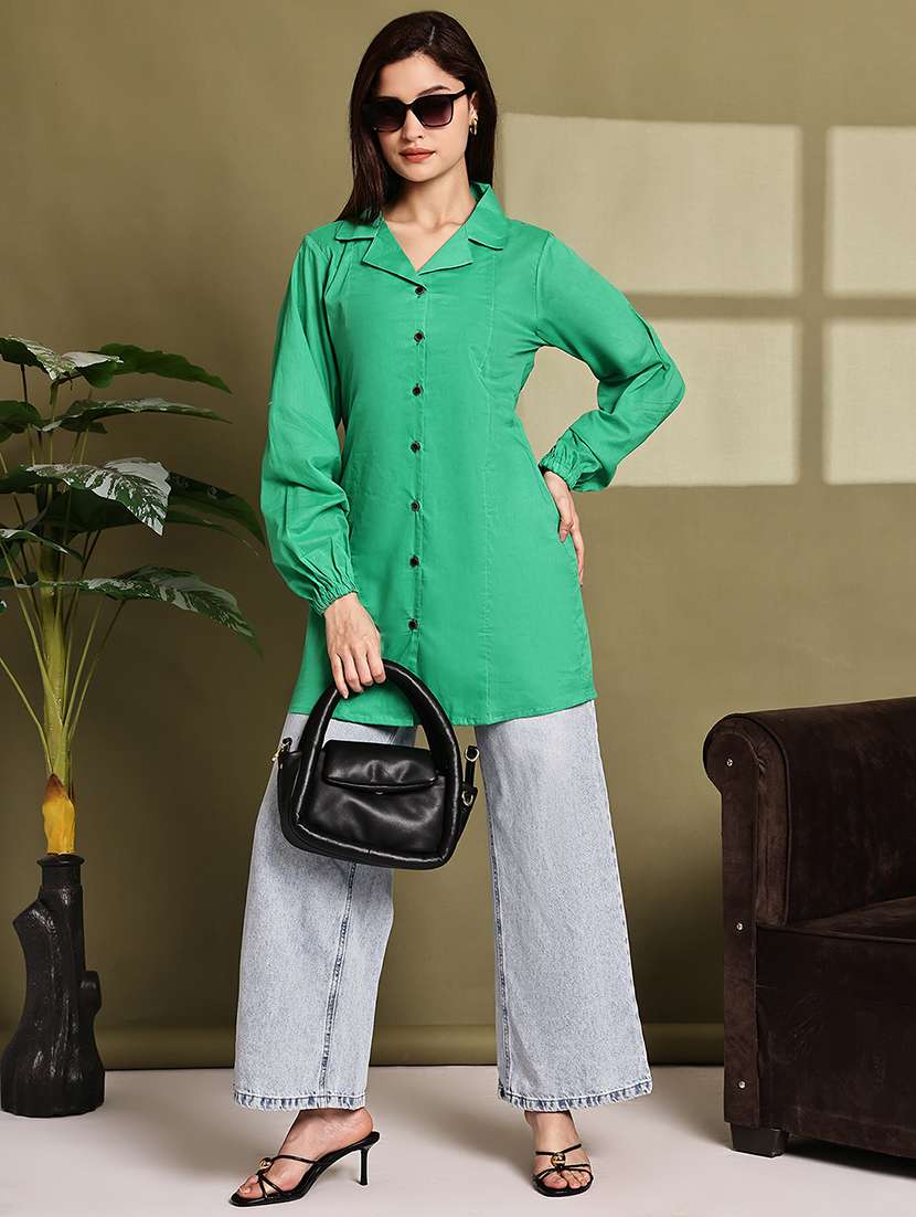 women solid lapel neck puff sleeve long shirt - 22072057 - Standard Image - 5