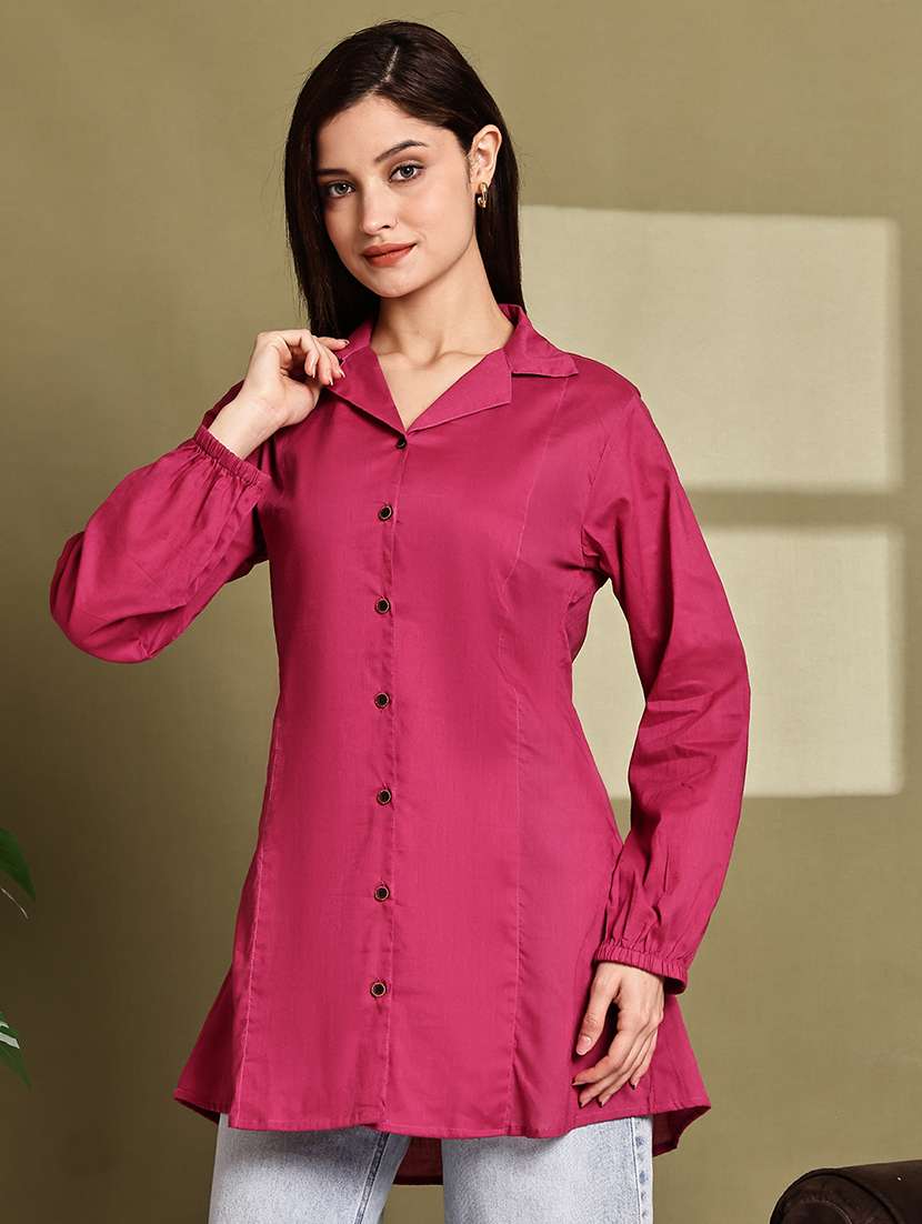 women solid lapel neck puff sleeve long shirt - 22072058 - Standard Image - 3