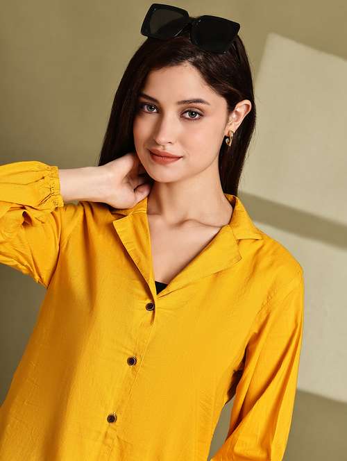 women solid lapel neck puff sleeve long shirt - 22072059 -  Standard Image - 0