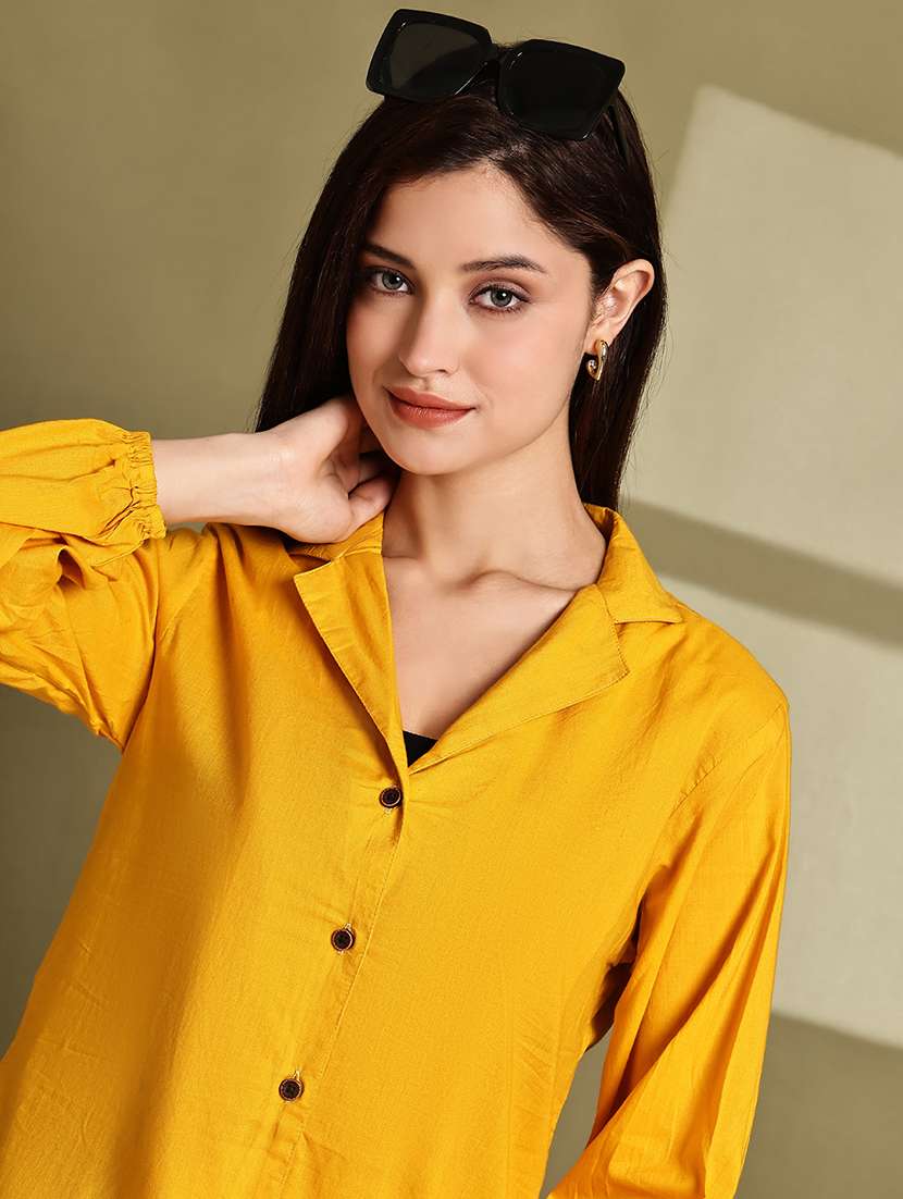 women solid lapel neck puff sleeve long shirt