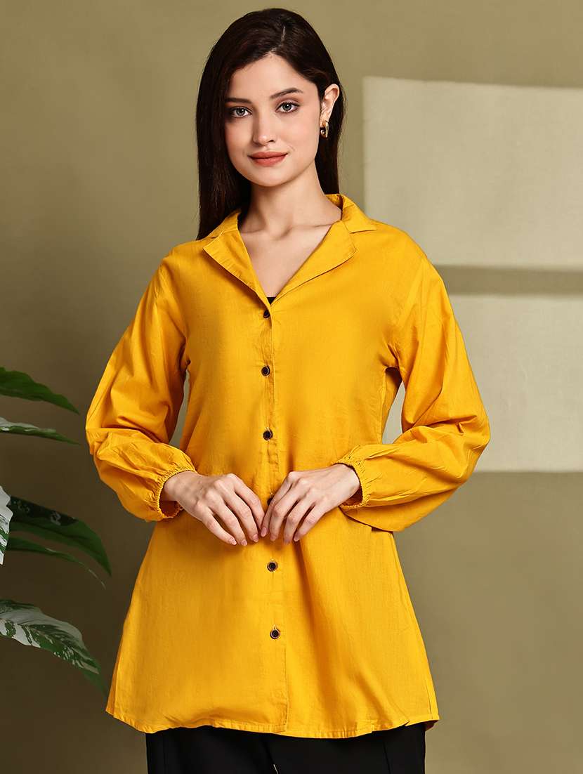 women solid lapel neck puff sleeve long shirt - 22072059 - Standard Image - 3