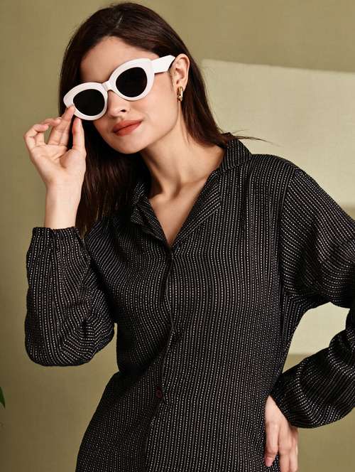 women printed lapel neck puff sleeve long shirt - 22072060 - Standard Image - 0