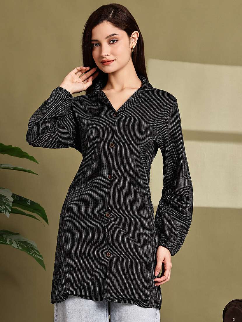 women printed lapel neck puff sleeve long shirt - 22072060 - Standard Image - 3