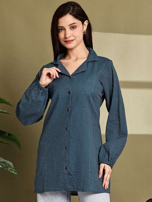 women printed lapel neck puff sleeve long shirt - 22072061 - Standard Image - 0