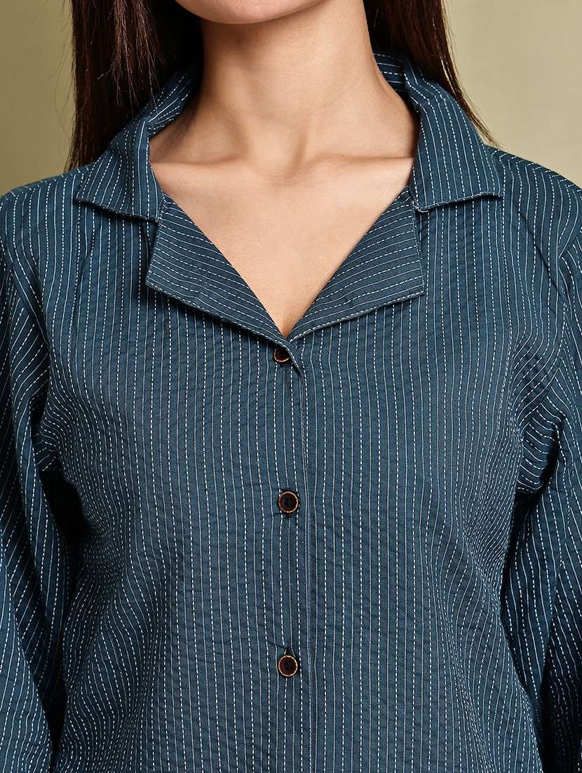 women printed lapel neck puff sleeve long shirt - 22072061 - Standard Image - 5