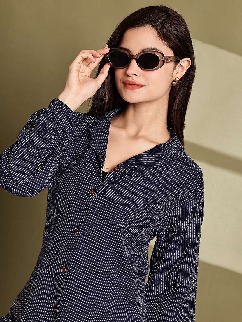 women printed lapel neck puff sleeve long shirt