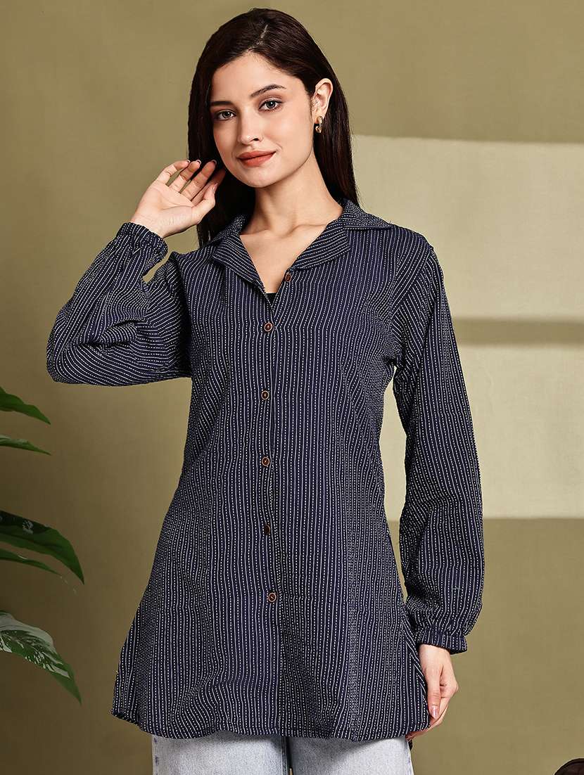 women printed lapel neck puff sleeve long shirt - 22072062 - Standard Image - 3