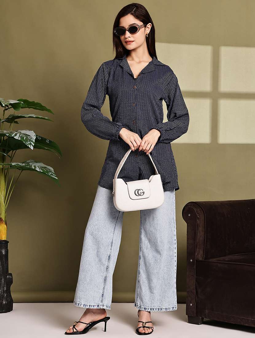 women printed lapel neck puff sleeve long shirt - 22072062 - Standard Image - 5