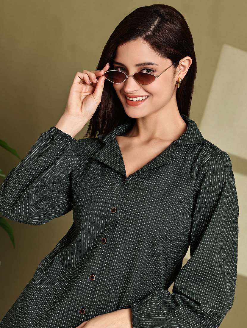women printed lapel neck puff sleeve long shirt