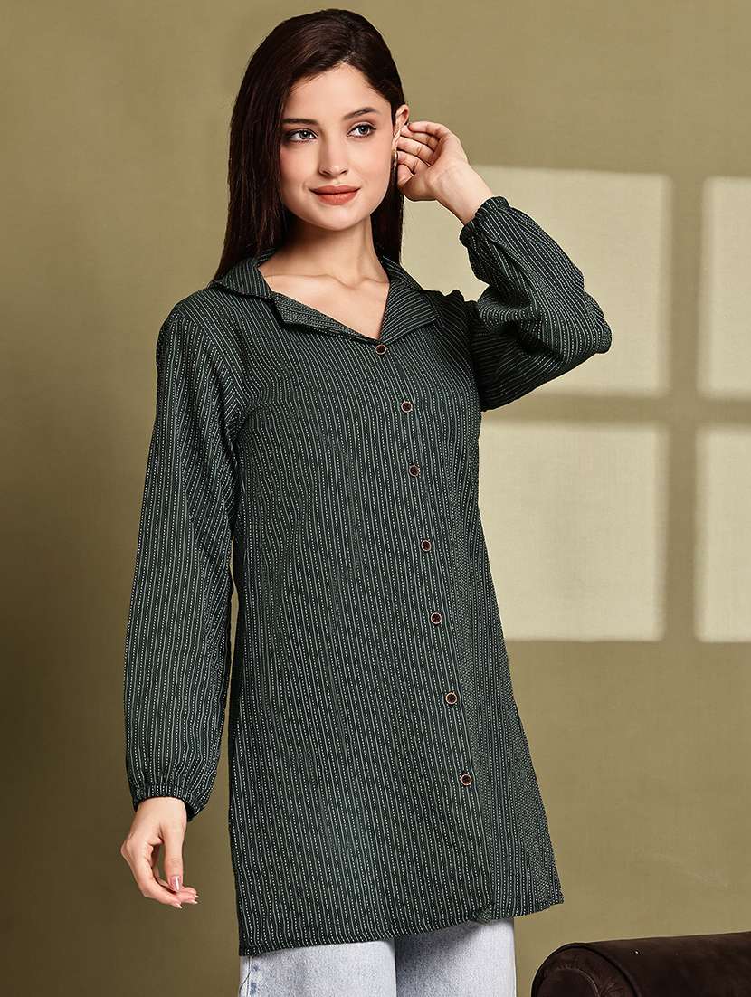 women printed lapel neck puff sleeve long shirt - 22072063 - Standard Image - 3