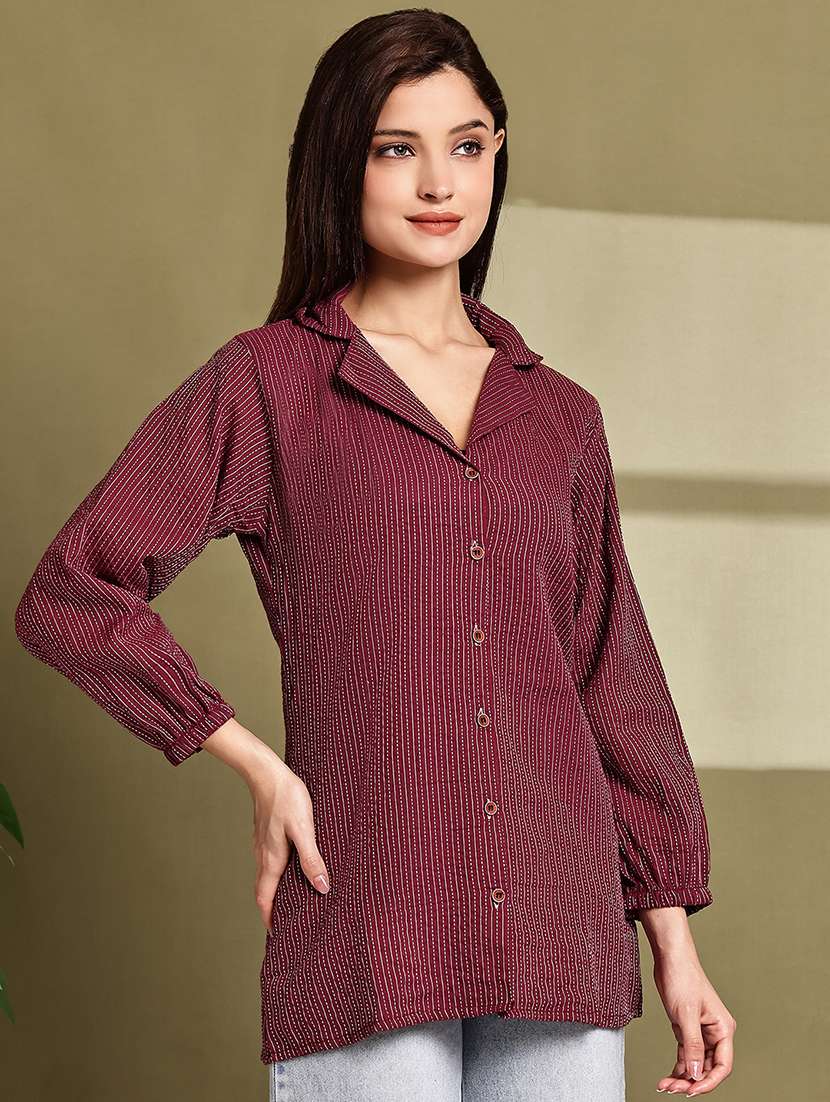 women striped lapel neck long sleeve long shirt - 22072064 -  Zoom Image - 0