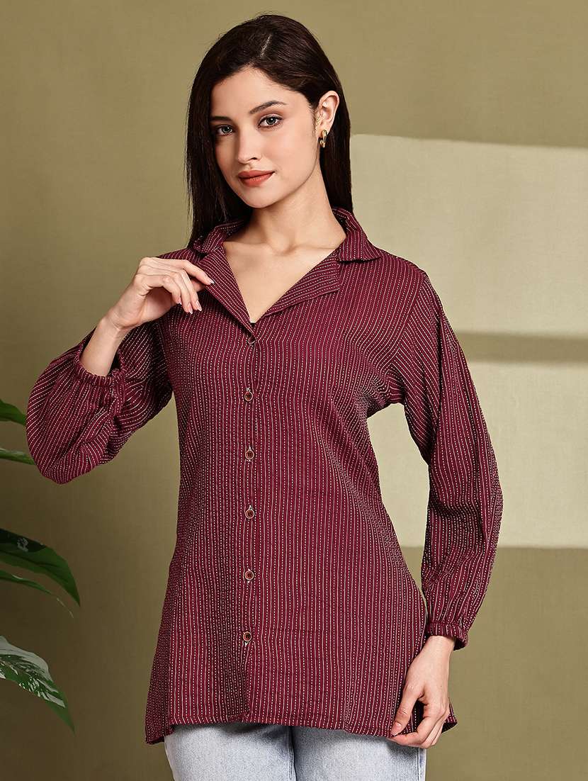 women striped lapel neck long sleeve long shirt - 22072064 - Standard Image - 3