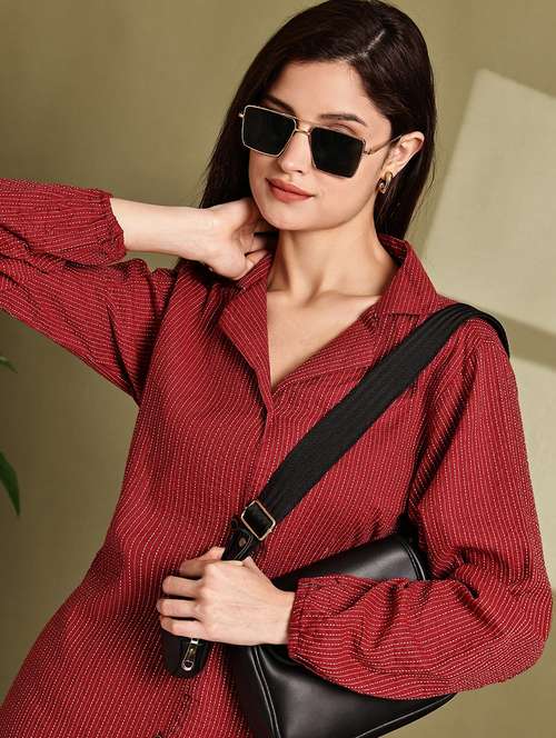 women striped lapel neck long sleeve long shirt - 22072065 - Standard Image - 0