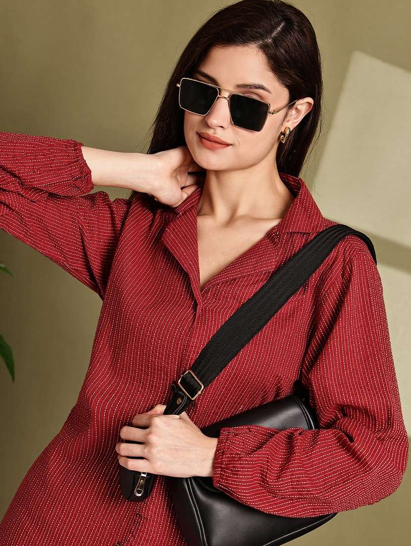 women striped lapel neck long sleeve long shirt