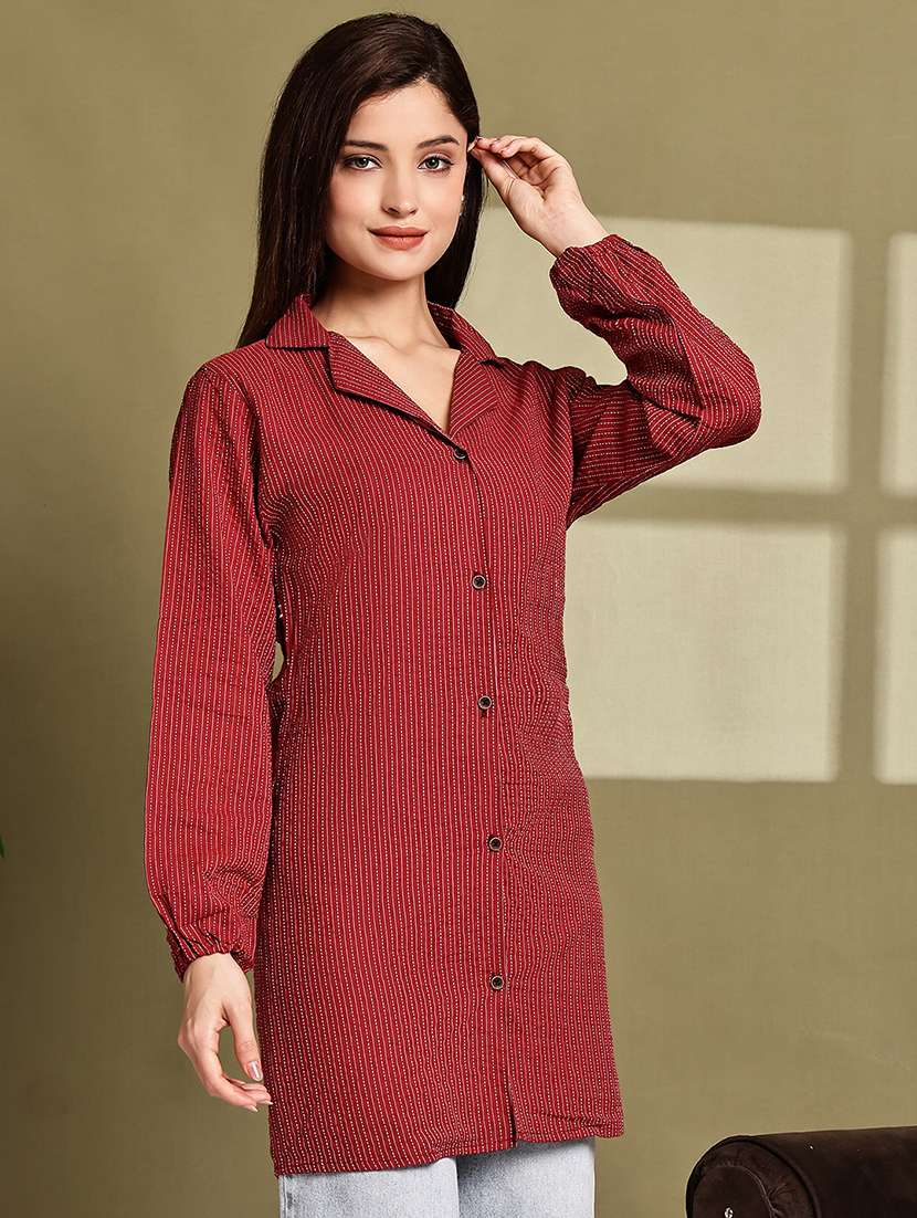 women striped lapel neck long sleeve long shirt - 22072065 - Standard Image - 3