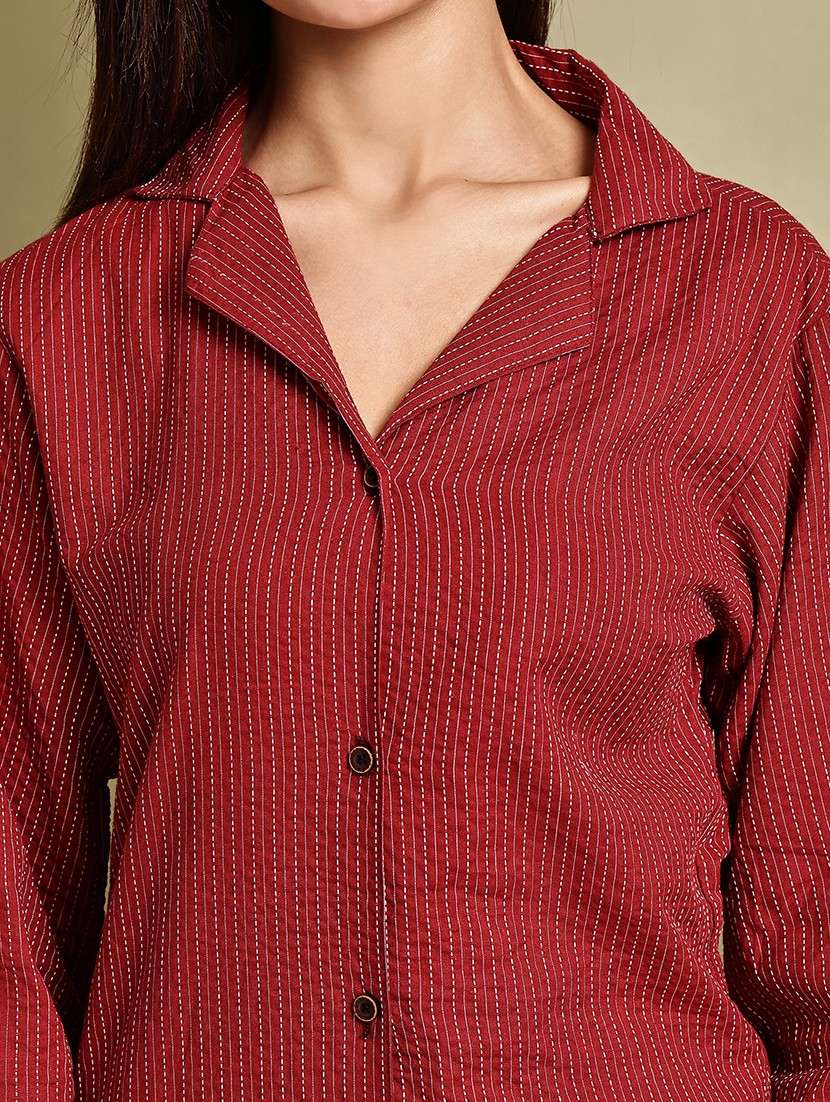 women striped lapel neck long sleeve long shirt - 22072065 - Standard Image - 5