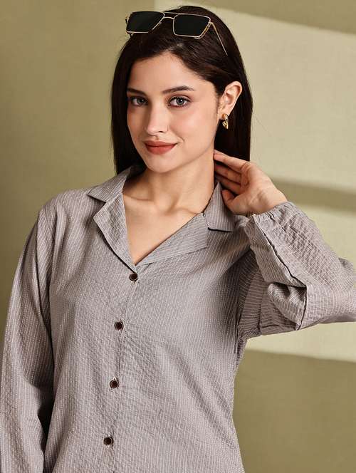 women striped lapel neck long sleeve long shirt - 22072067 - Standard Image - 0