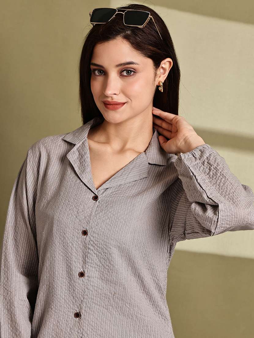 women striped lapel neck long sleeve long shirt - 22072067 - Zoom Image - 0
