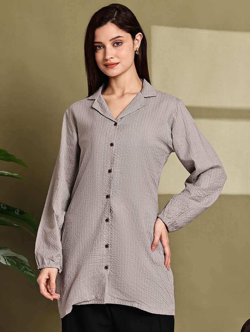 women striped lapel neck long sleeve long shirt - 22072067 - Standard Image - 3
