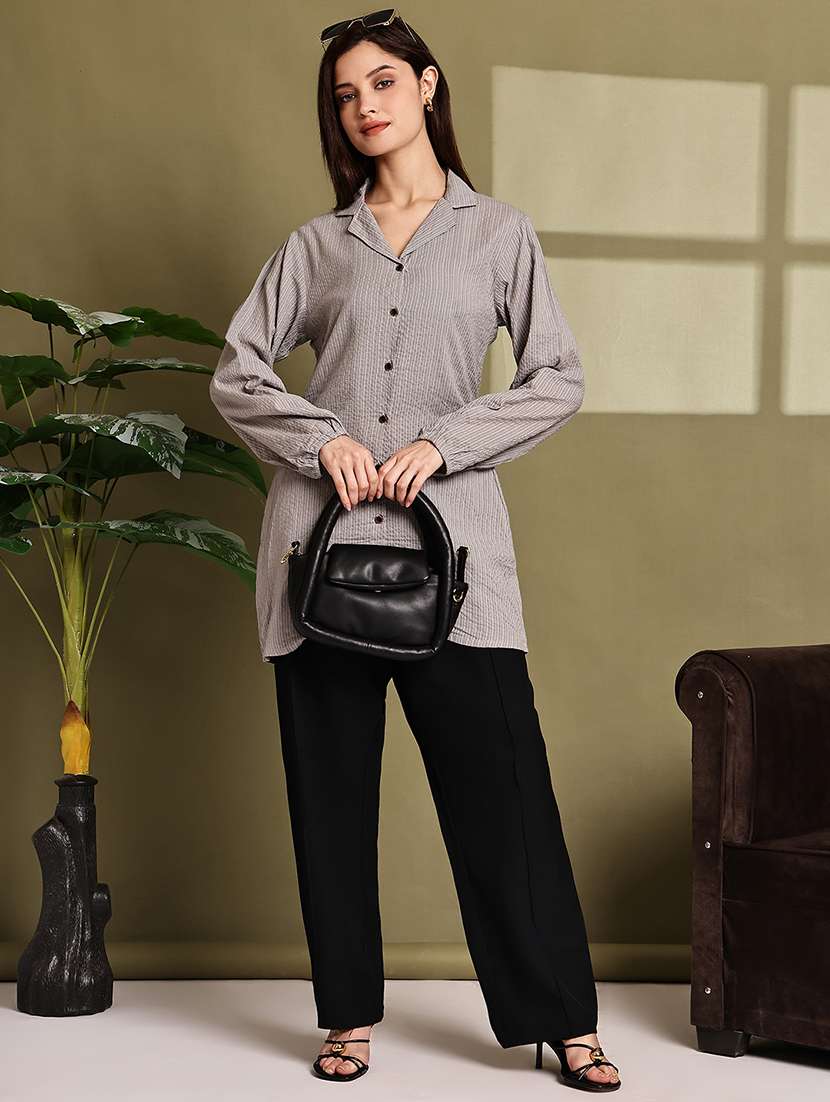 women striped lapel neck long sleeve long shirt - 22072067 - Standard Image - 5