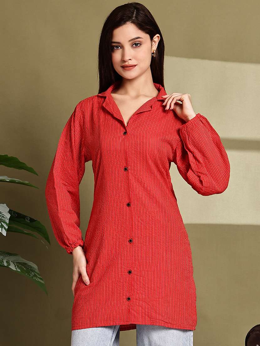 women striped lapel neck long sleeve long shirt - 22072068 - Standard Image - 3