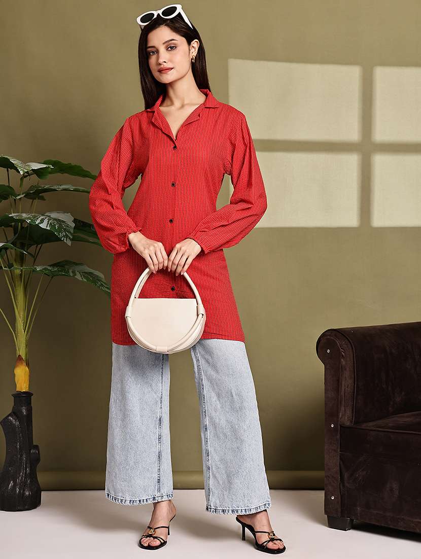 women striped lapel neck long sleeve long shirt - 22072068 - Standard Image - 5