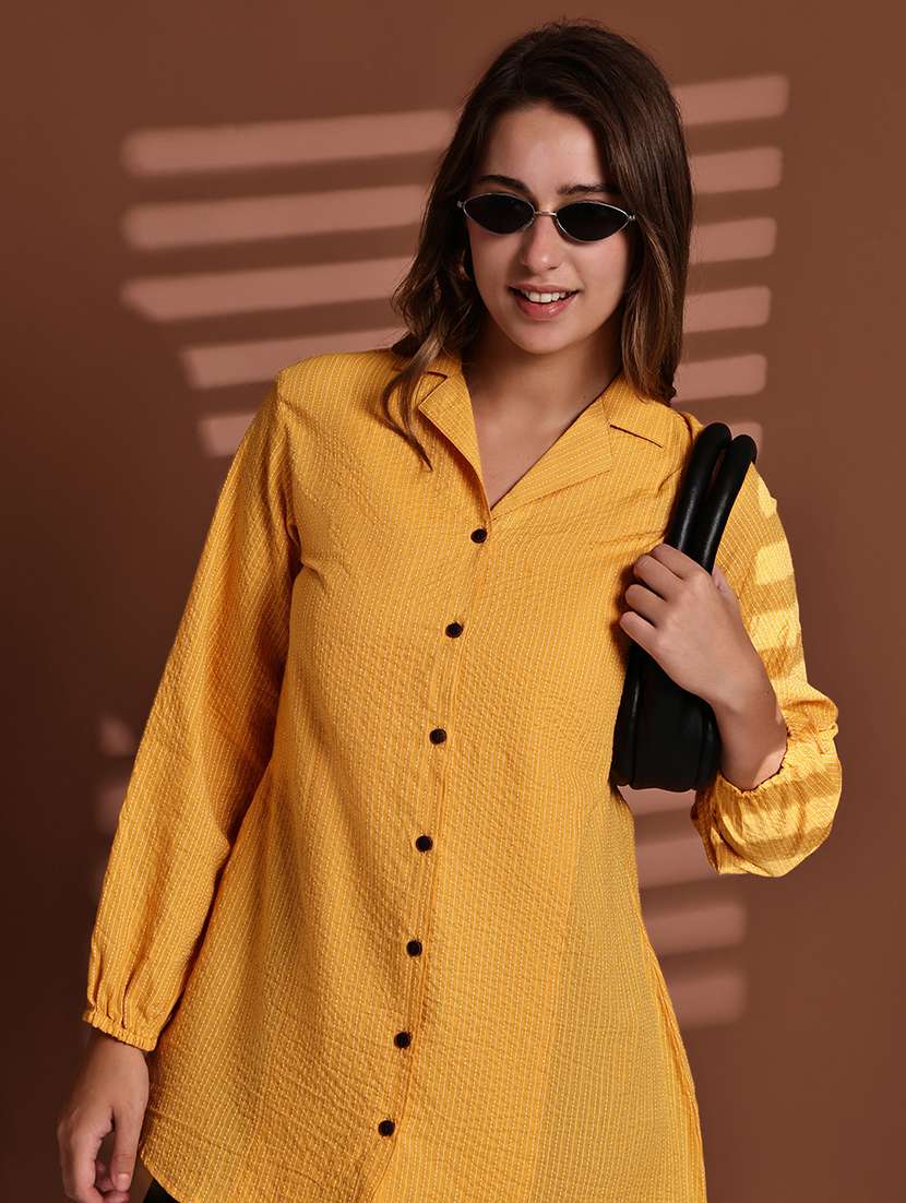 women striped lapel neck long sleeve long shirt - 22072069 -  Zoom Image - 0