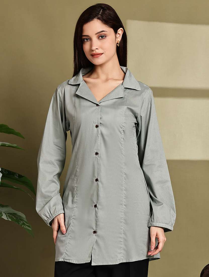women solid lapel neck long sleeve long shirt - 22072070 - Standard Image - 3