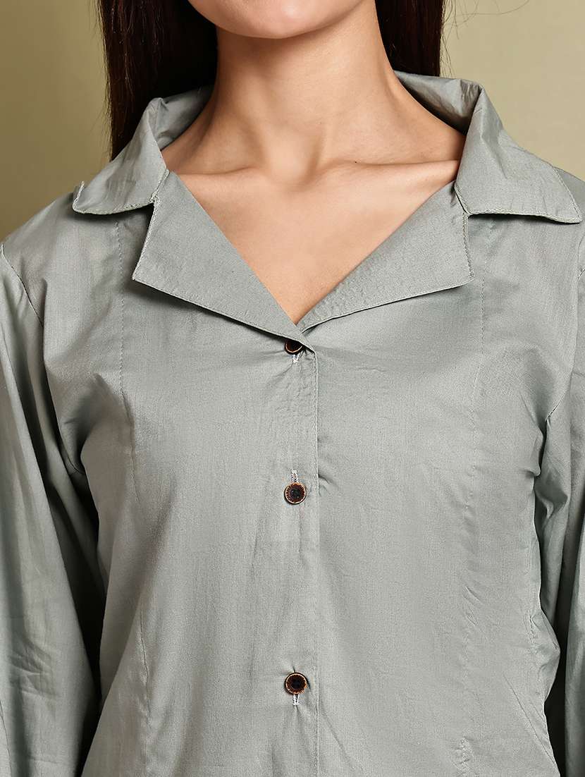 women solid lapel neck long sleeve long shirt - 22072070 - Standard Image - 5