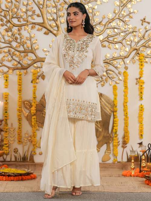 women solid with work three quarter sleeve kurta sharara with dupatta set - 22072071 -  Standard Image - 0