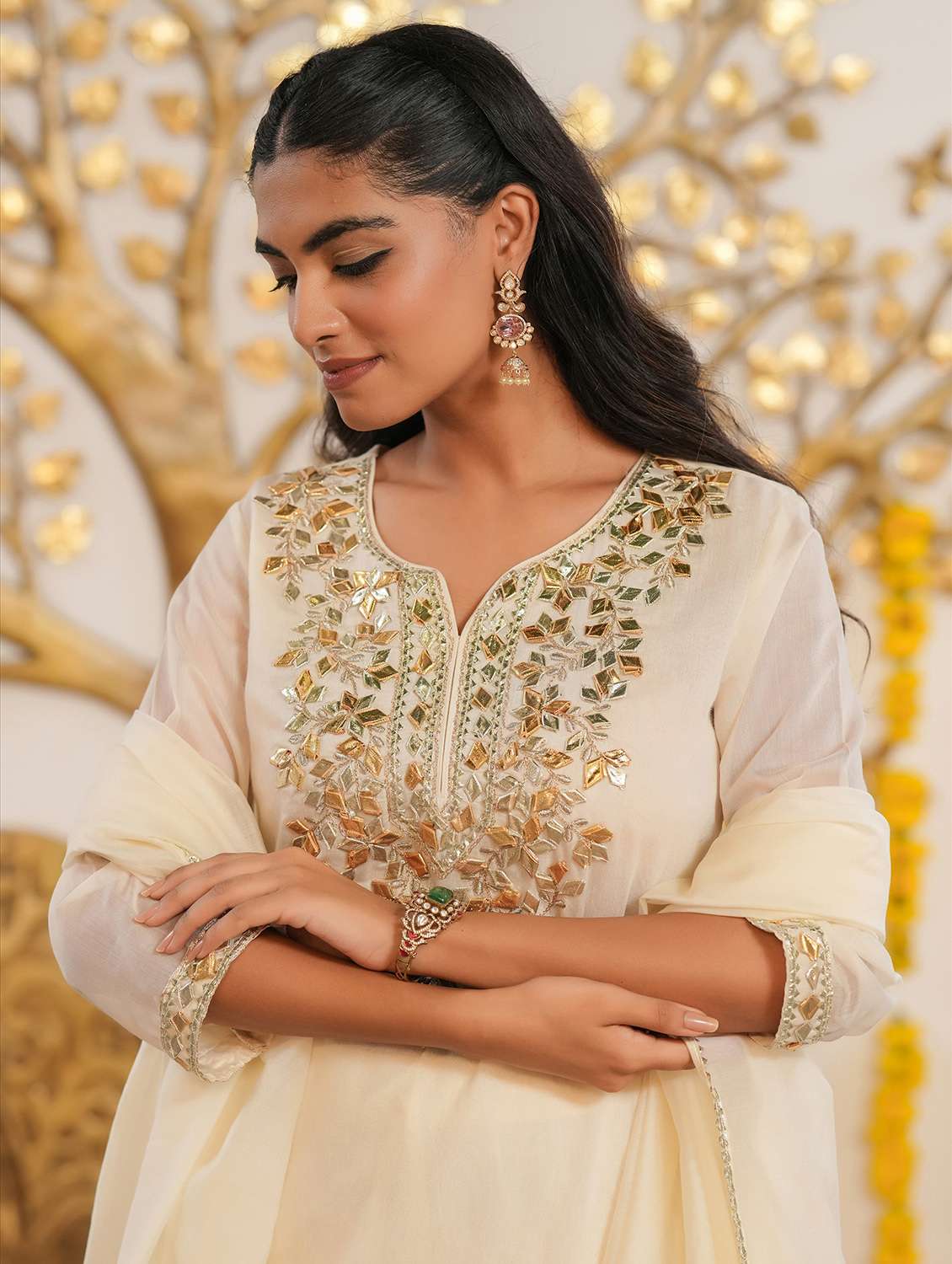 women solid with work three quarter sleeve kurta sharara with dupatta set - 22072071 -  Standard Image - 5