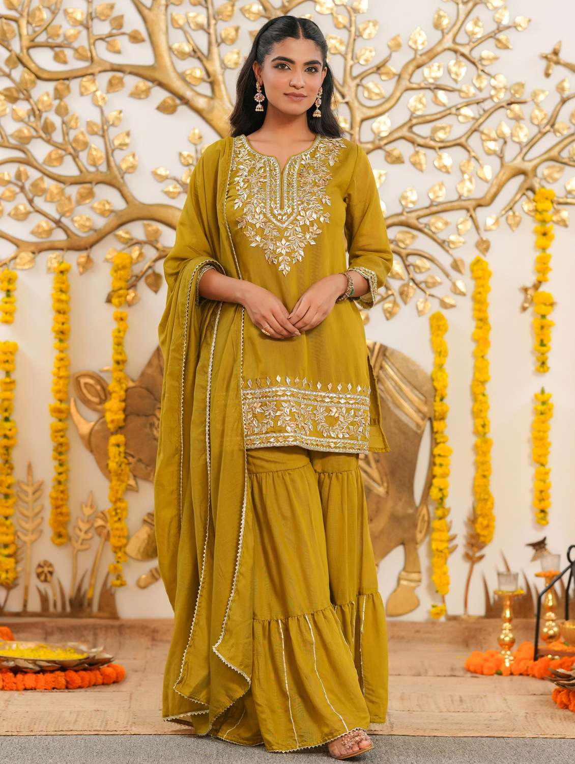 women solid with work three quarter sleeve kurta sharara with dupatta set - 22072073 -  Zoom Image - 0