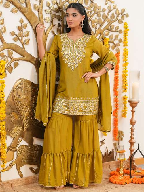 women solid with work three quarter sleeve kurta sharara with dupatta set - 22072074 -  Standard Image - 0