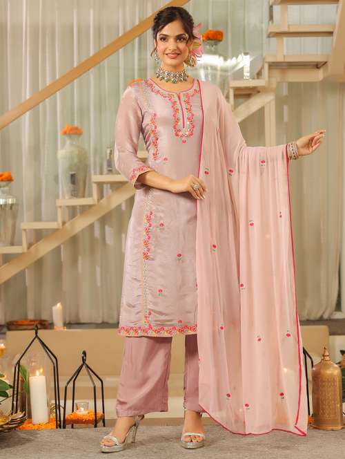 women solid with work three quarter sleeve kurta pant with dupatta set - 22072075 -  Standard Image - 0