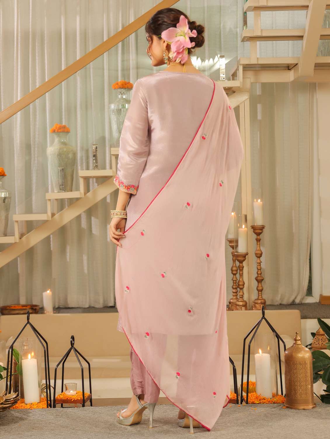 women solid with work three quarter sleeve kurta pant with dupatta set - 22072075 -  Standard Image - 3