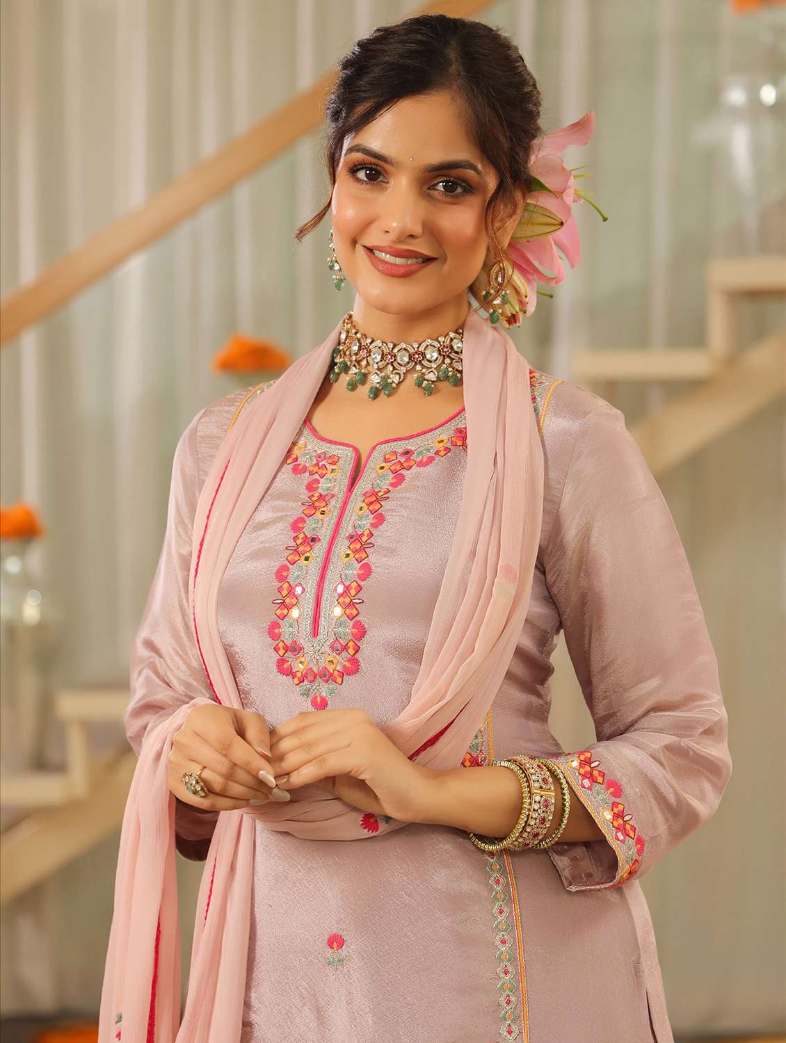 women solid with work three quarter sleeve kurta pant with dupatta set - 22072075 -  Standard Image - 5